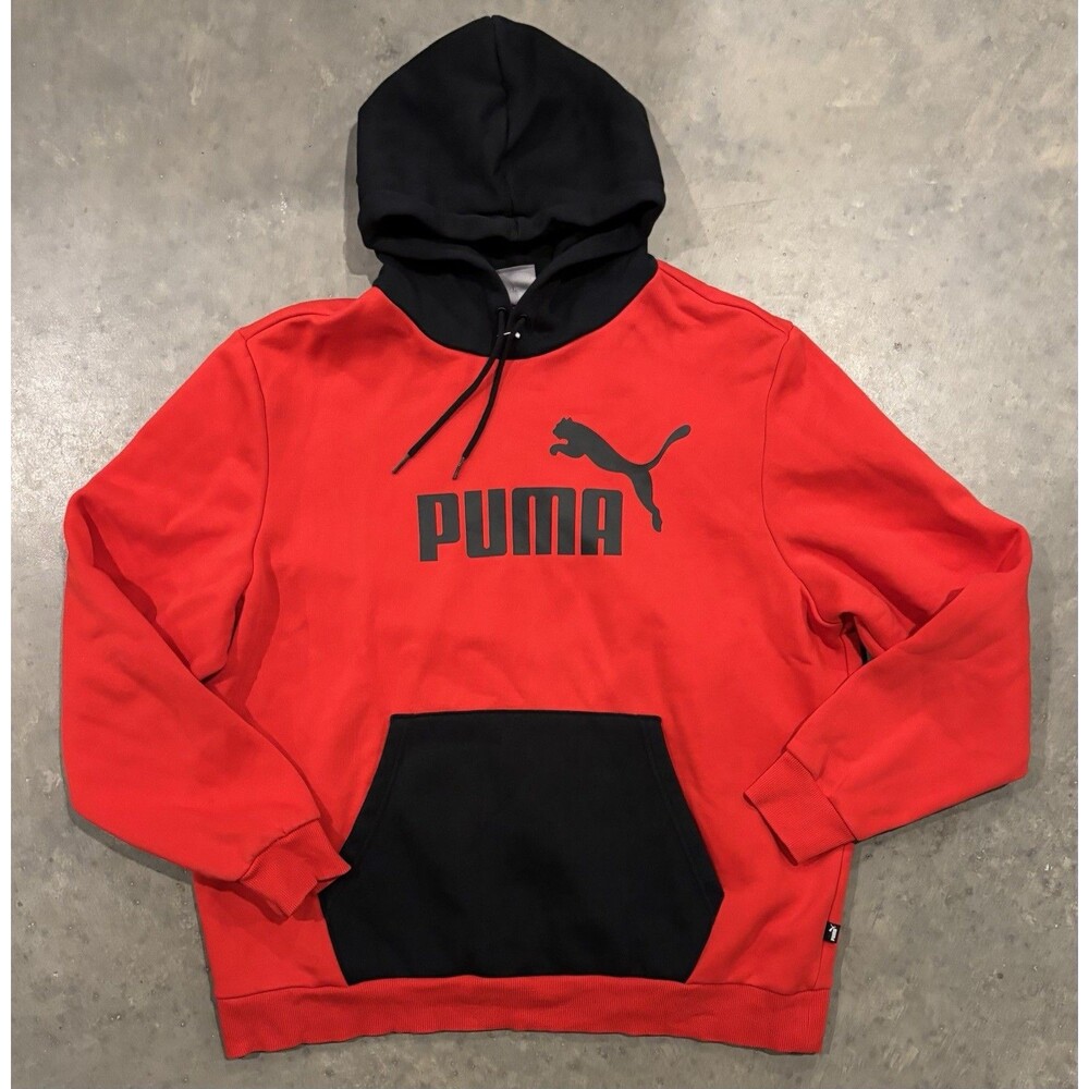 PUMA Essentials Mens XL Colorblock Pullover Sweatshirt Hoodie Red Black